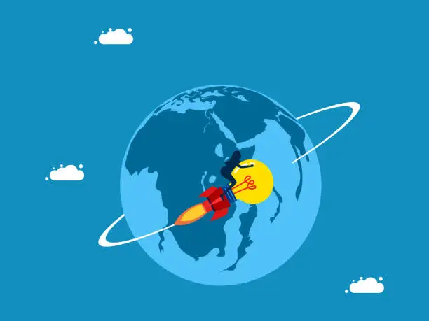 Vector illustration of woman flies on a lightbulb rocket around the world