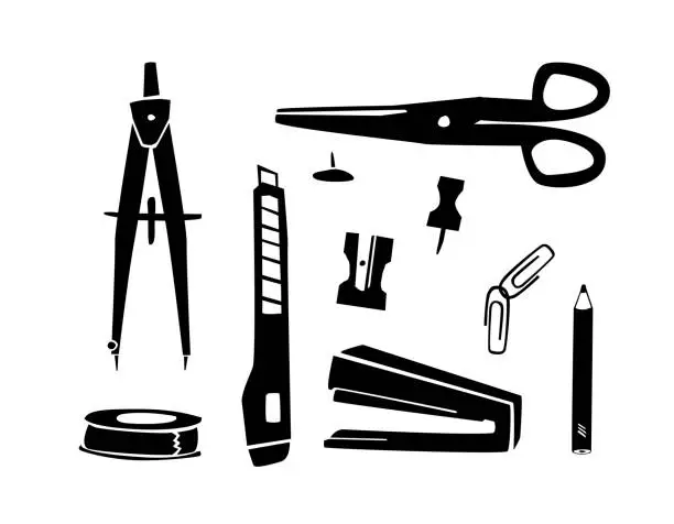 Vector illustration of Set of black stationary tools for desktop, silhouette, style of doodle illustration. Scissors and stapler and different office materials