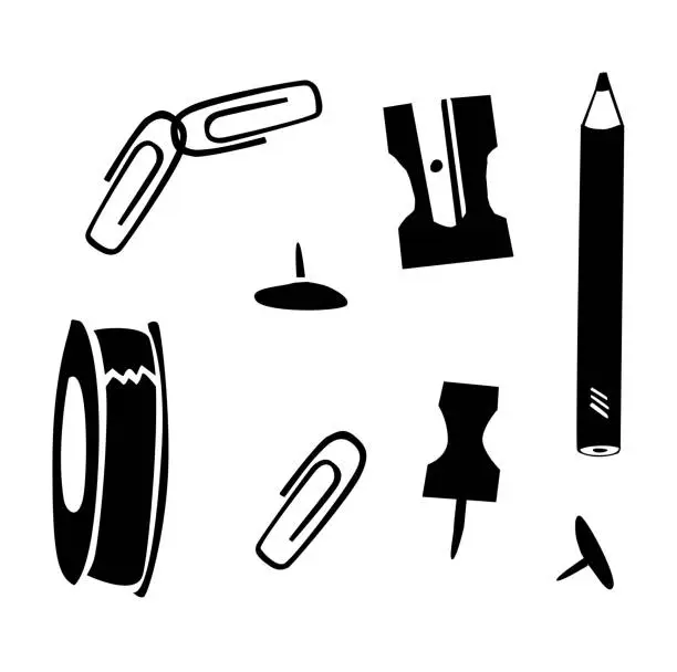 Vector illustration of Small office Stationery in simple doodle style. Pin and clip and sharpener