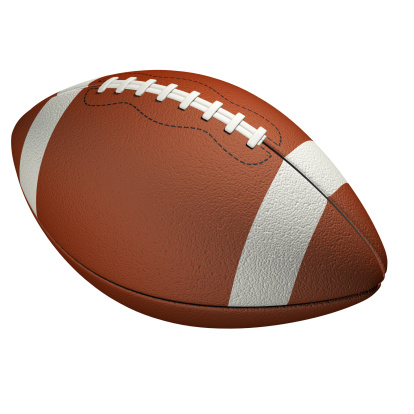 Leather American football ball on lawn against white background