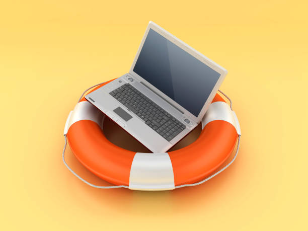 life belt mit laptop - backup buoy life belt backups stock-fotos und bilder