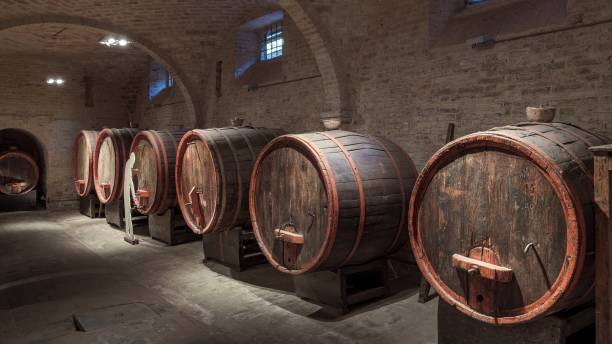istock Wine barrels in a historic cellar in central Italy 1727472358
