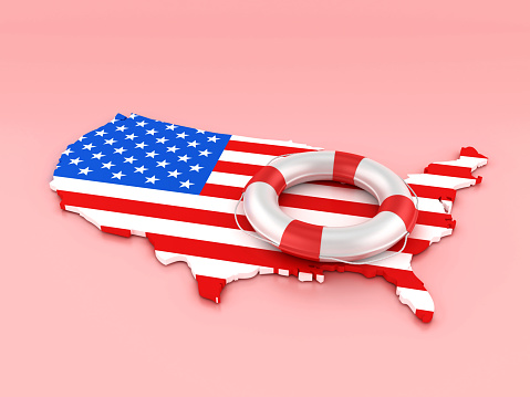 Life Belt on USA Country Flag - Color Background - 3D Rendering