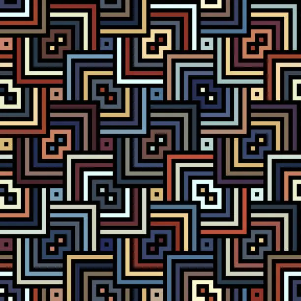 Vector illustration of Seamless repeating pattern with concentric multicolored squares on a black background. Geometric vintage design.