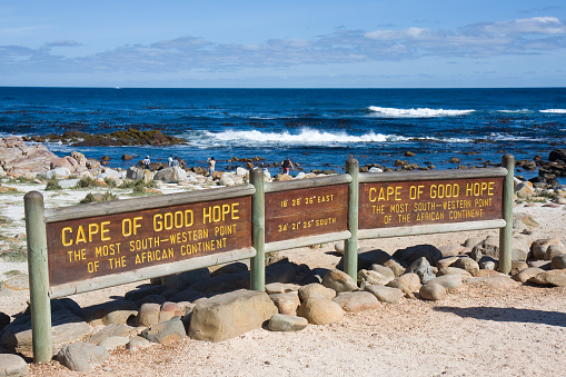 Cape of Good Hope South Africa. Famous Cape of Good Hope - Kap der Guten Hoffnung Coast and Location Sign at the most south-western point of the african continent. Cape of Good Hope National Park, South Africa, Africa.