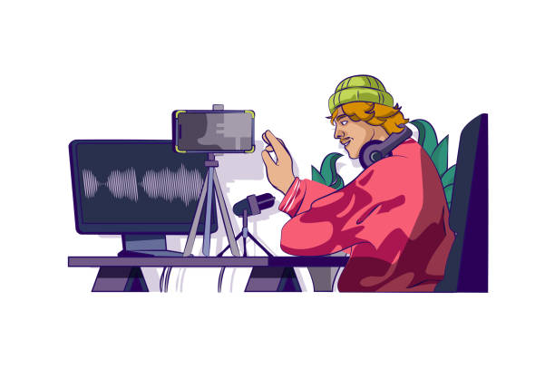 ilustrações, clipart, desenhos animados e ícones de conceito de comunicação de vídeo com cenas de pessoas em design de desenho animado plano para web. homem chamando por zoom de vídeo usando computador e microfone. ilustração vetorial para banner de mídia social, material de marketing. - press conference microphone conference call the media