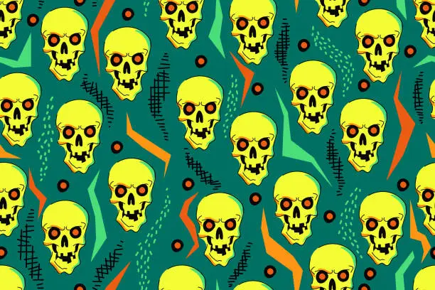 Vector illustration of Seamless pattern with skulls and abstract elements. Colorful and bright pattern. Yellow skulls with evil facial expressions on a dark background. Hand drawn. Vector illustration.