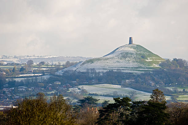 Glastonbury Tor in the morning with snow stock photo