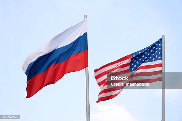 The Russian And American Flags Flying Side By Side Stock Photo - Download Image Now - Russia, USA, Russian Flag