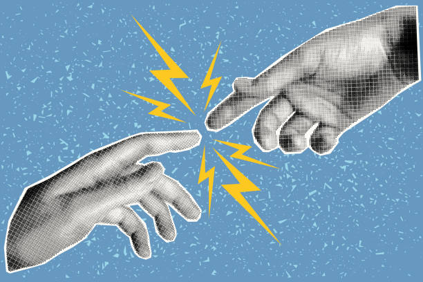 gestures of two hands and lightning between them Halftone collage banner gestures of two hands and lightning between them on a blue textured background. Spark between people, relationship concept, trendy retro colors. popart hand stock illustrations