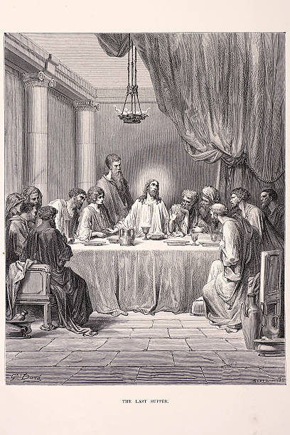 The Last Supper "Jesus and his disciples at he last supper, a scene from the bible. Engraving from 1870. Engraving by Gustave Dore, Photo by D Walker." anglican eucharist stock illustrations