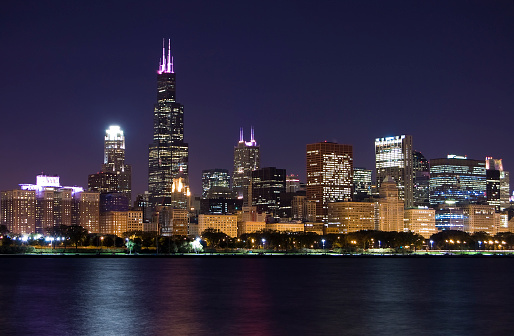 The south half of Chicago's Loop at night, as seen from across Lake Michigan.