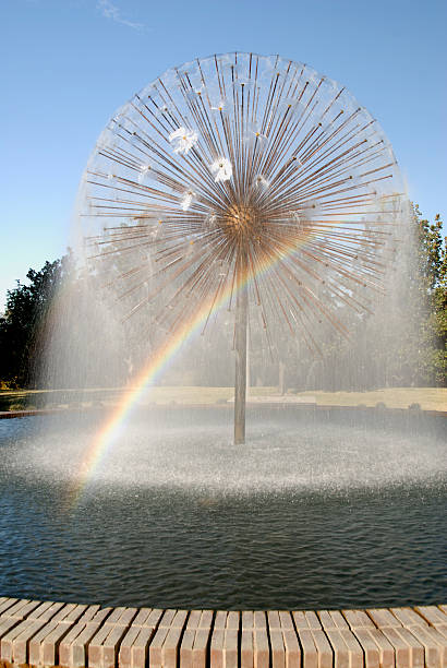 Vertical, color photograph of a spherically shaped fountain with a rainbow created in it's spray.  This photo was taken in one of Houston, Texas', city parks late in the afternoon.  Trees and a clear blue sky make up the background.  The pool and a brick ledge make up the foreground.