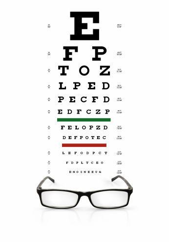 Glasses and Snellen eye chart.