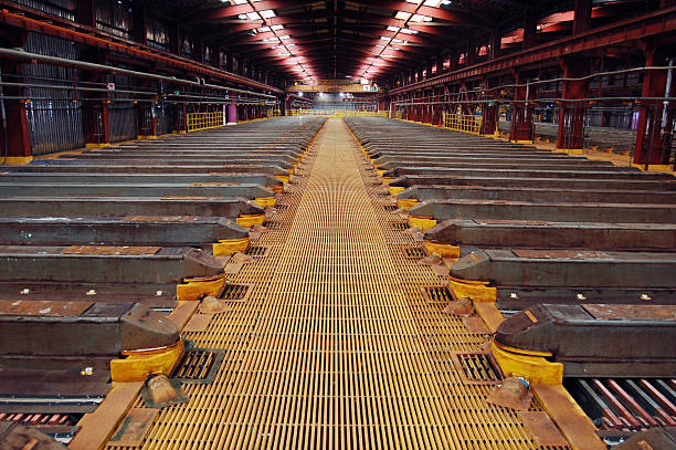 Copper Extraction 2 Thousands of sheets of copper are grown in an enormous acid bath at a mining processing facility in Chile. The symmetry of the sky lights and yellow grated floor stretches to a convergence point after dozens of baths. copper mine photos stock pictures, royalty-free photos & images