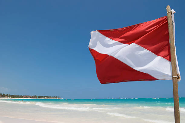 istock Dive Flag in Red and White Waving on Tropical Beach 172755313