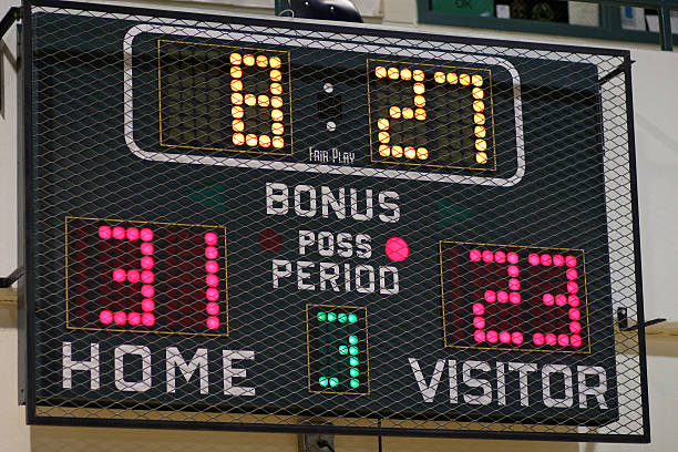 Close-up of the scoreboard recording the score of the game School basketball scoreboard during a game. scoreboard stock pictures, royalty-free photos & images