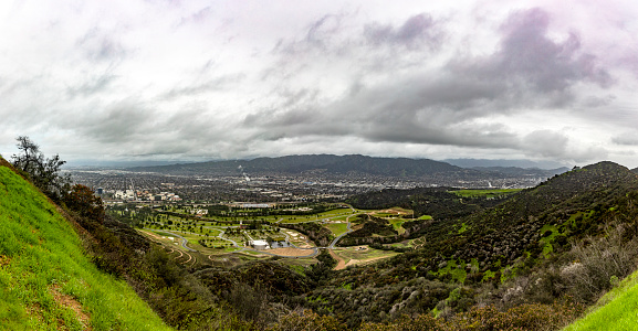 Panoramic view from the Hollywood Mountain of Griffith Park, in the city of Los Angeles in the state of California in the United States of America.