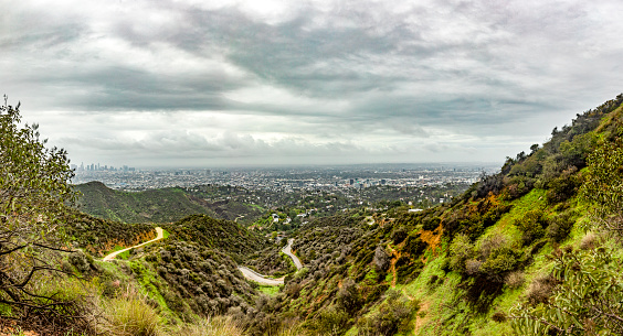 Panoramic view from the Hollywood Mountain of Griffith Park, in the city of Los Angeles in the state of California in the United States of America.