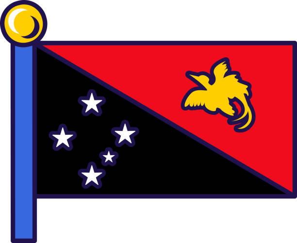 Papua new guinea nation flag on flagpole vector Papua new guinea nation flag on flagpole vector. White stars on black field and soaring raggiana bird of paradise on red triangle. Island country traditional symbol flat cartoon illustration national geographic stock illustrations