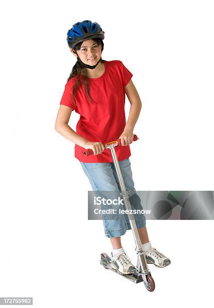 Girl On A Scooter Stock Photo - Download Image Now - Girls, Push Scooter, White Background