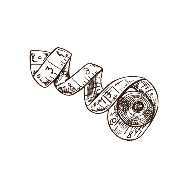 illustrations, cliparts, dessins animés et icônes de croquis dessiné à la main du ruban à mesurer du tailleur. concept d’équipement de couture fait à la main dans le style doodle vintage. style de gravure. - sewing dressmakers model tape measure mannequin