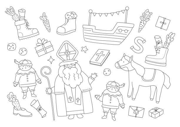 stockillustraties, clipart, cartoons en iconen met sinterklaas coloring page with saint nicholas drawing, cute horse, little piet, ship, cookies and carrots in boots. - oliebol
