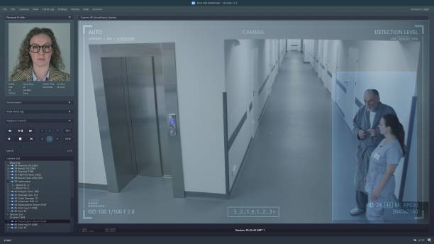 istock Playback security cameras in modern clinic with AI face recognition 1727562786