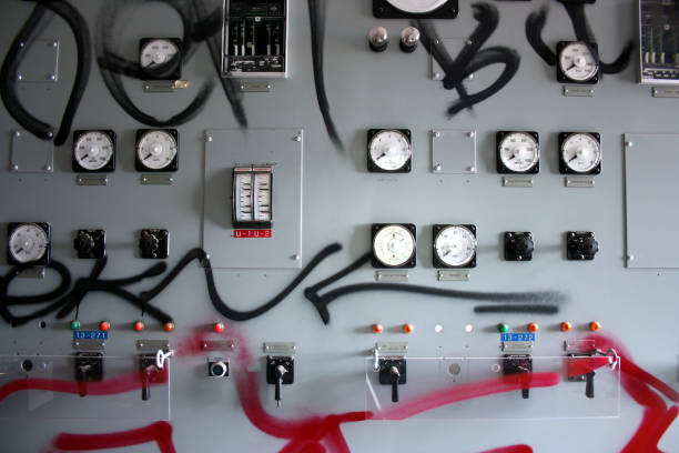 Control center of abandoned steam power plant in process of demolition.  More