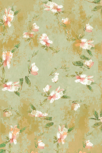 Old stained wallpaper with delicate flowers.