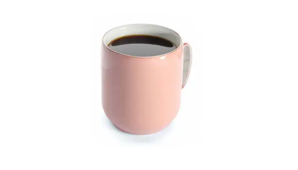A pink coffee cup with coffee water is placed in the center on a white background