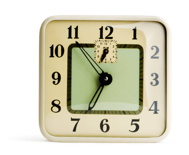 Subject: An old alarm clock displaying morning waking hours. Isolated on a white background.