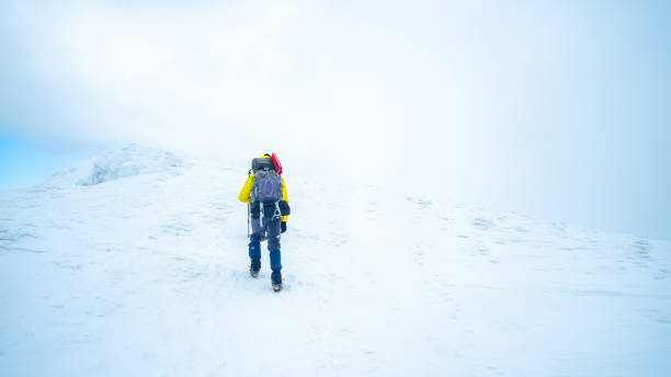 istock Lonely tourist trekking winter mountain 1727579123
