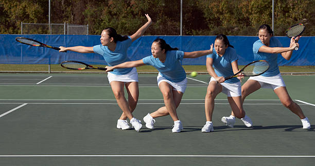 folge von tennis rückhand ansatz slice - tennis serving women playing stock-fotos und bilder