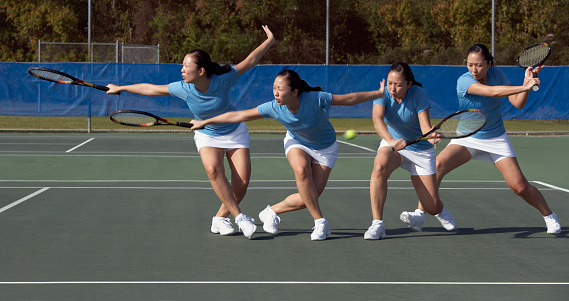 Young Asian tennis player demonstrating proper approach slice shot. sequence of backhand slice approach