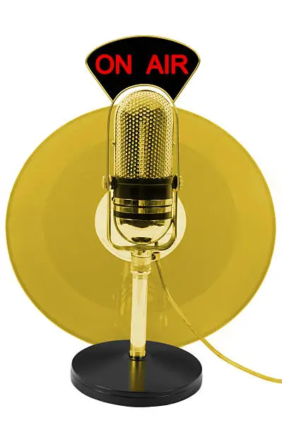Gold LP and microphone on air on a white background.