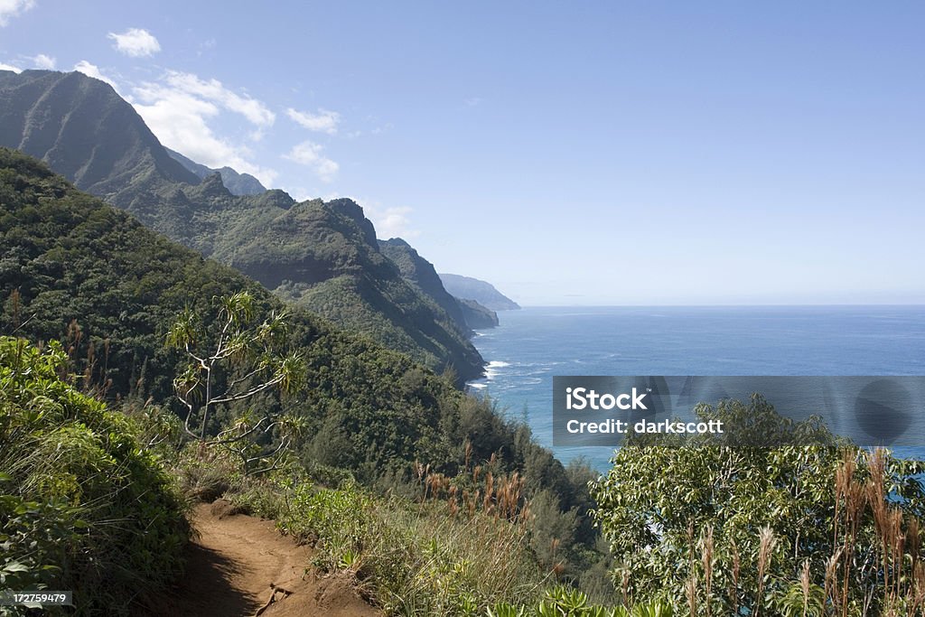 Coastine The Na Pali coast from the Kalalau Trail on Kauai. Footpath Stock Photo