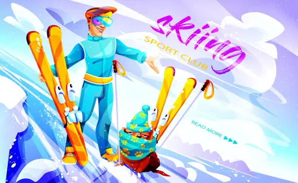 Vector illustration of Concept of skiing and sports victories in cartoon style. A young skier with skis and a bulldog with poles on a ski slope against the backdrop of a winter landscape. Creative web template.