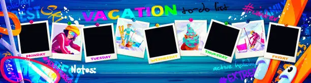 Vector illustration of The winter vacation. Weekly to-do list in cartoon style. Instant print photos with skiers and bulldog on an abstract wooden background. Stylish vector template with place for text.