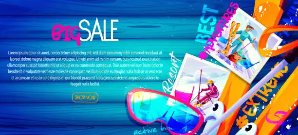 Vector illustration of Seasonal discount concept, skiing in cartoon style. Instant print photo of skiers and bulldog on an abstract wooden background with skis, poles and goggles. Creative web template with place for text.