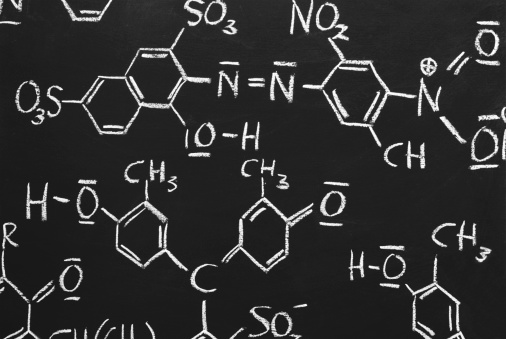 chemical structures drawn on a blackboard