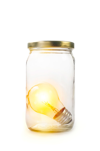 Bright idea light bulb in an empty jar. Also works for energy conservation cocnpetsRelated images