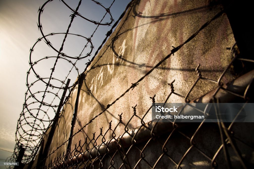 Valla de alambre con alambre de espino - Foto de stock de Alambre afilado libre de derechos