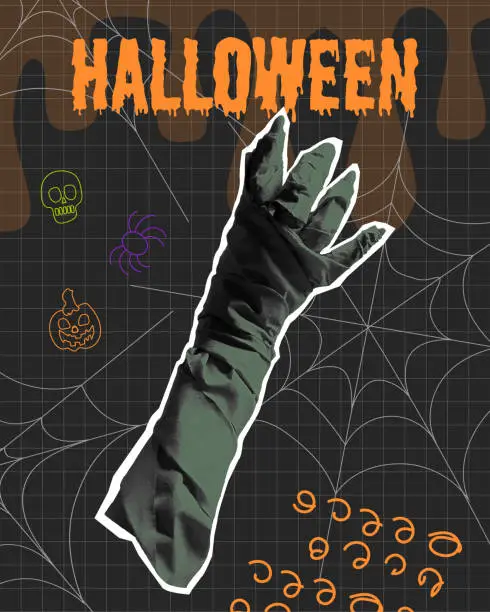 Vector illustration of Halloween poster with hand mummy. Spider web. Hand in halftone collage. Vector illustration.