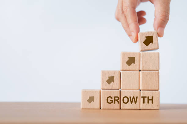 istock Business concept growth success process, Close up  hand arranging wood block stacking as step stair with growth text, including copy space 1727615648