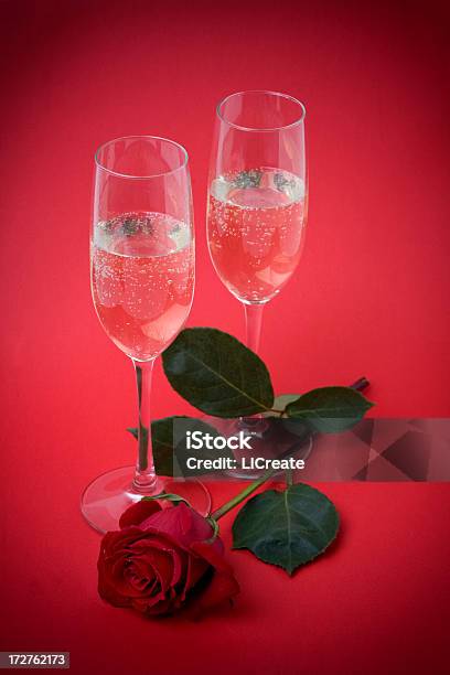 Red Rose And Two Glasses Of Champagne Stock Photo - Download Image Now - Champagne, Red, Rose - Flower