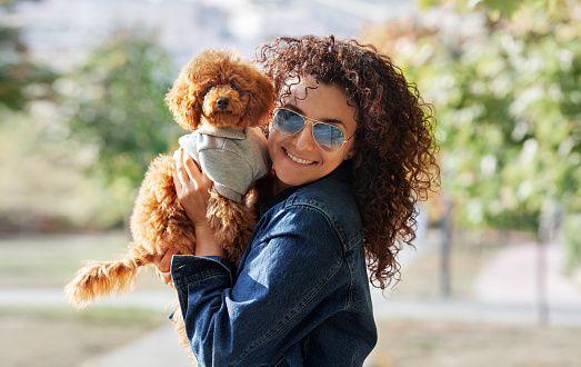 Portrait of red haired little dog, mini poodle with curly woman look at camera and smile in Park. Pet looks like owner.