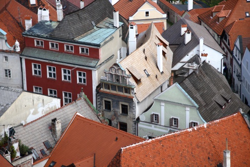 Tightly packed traditional czech buildings