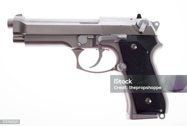 A Silver Semi Auto Handgun On White Background Stock Photo - Download Image Now - Black Color, Gun, Handgun