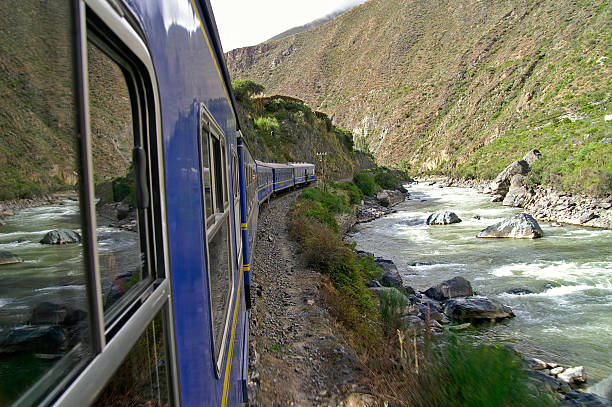 Train next to river in the way to Machu Picchu stock photo